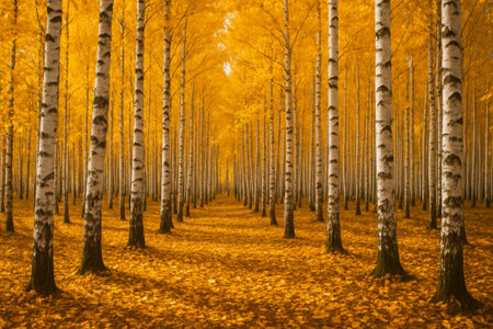 A stunning view of birch trees with vibrant golden foliage creating a peaceful atmosphereの素材