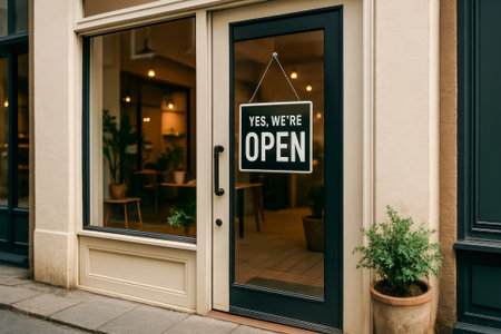 A store with a welcoming open sign displayed at the entrance to attract customersの素材