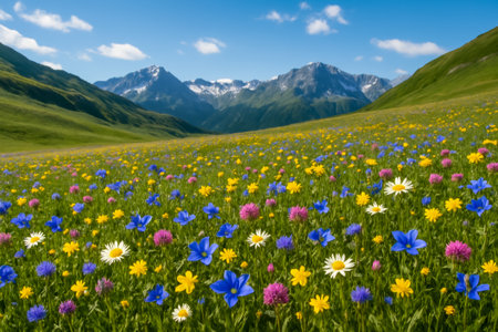 A colorful wildflower meadow stretches towards majestic mountains in the background under a bright skyの素材