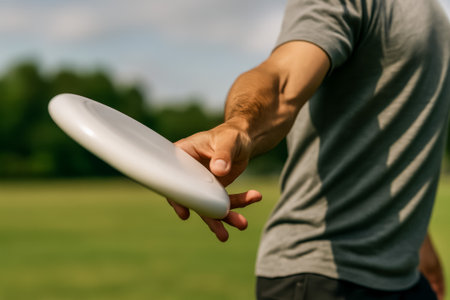 A man is getting ready to throw a frisbee in a lush green park settingの素材