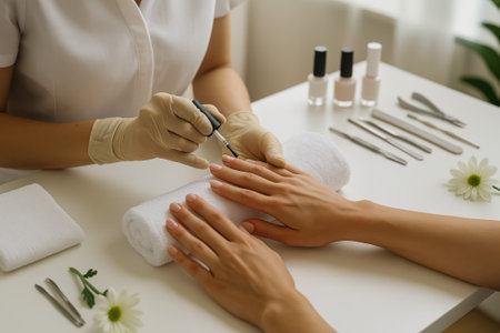 A professional applying nail treatment at a salon during a manicure sessionの素材