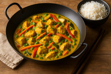 A vibrant vegetable curry with colorful ingredients served alongside a bowl of riceの素材