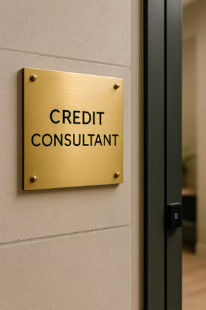 A polished brass sign reading credit consultant displayed on an office wallの素材