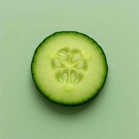 A fresh cucumber slice placed on a soft green background showing its texture and seedsの素材
