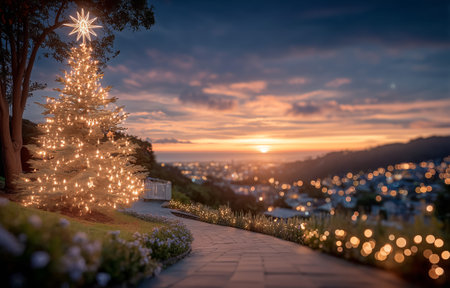 A stunning Christmas tree adorned with lights overlooking a city at sunsetの素材