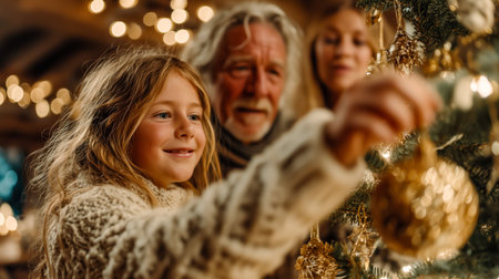 A young girl joyfully adds an ornament to the Christmas tree with familyの素材