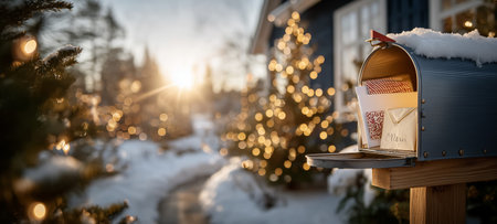 A decorated mailbox filled with christmas cards against a snowy backdrop during sunsetの素材