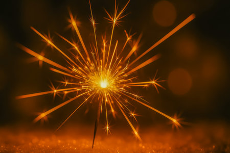 A close-up of a sparkler creating dazzling orange sparks against a dark backdropの素材
