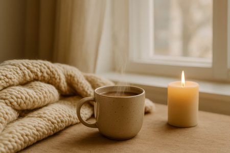 A warm coffee cup alongside a lit candle and soft knitted blanket by the windowの素材