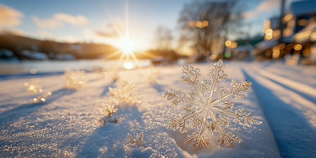 A stunning snowflake catches sunlight on a snowy landscape during wintertimeの素材