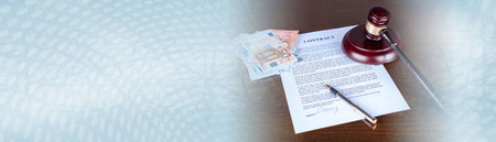 Judge gavel with contract and cash money (random english dummy text used); panoramic bannerの写真素材