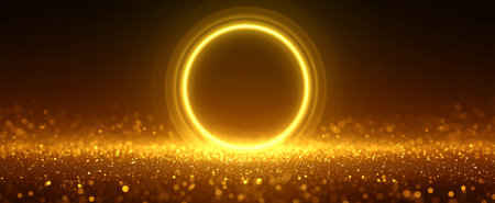 A vibrant golden circle illuminated against a backdrop of sparkling bokeh lightsの素材