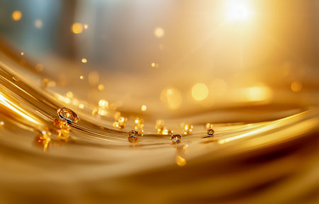 Water droplets sparkle on a smooth golden surface, creating a mesmerizing visual effectの素材