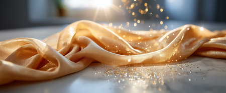 A beautiful gold fabric is draped and sprinkled with glitter, creating an elegant atmosphereの素材
