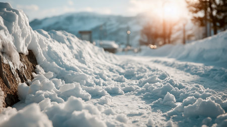 A beautiful winter scene with a path covered in snow, illuminated by the soft sunlightの素材