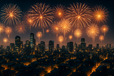 A stunning display of fireworks over a vibrant city skyline at nightの素材
