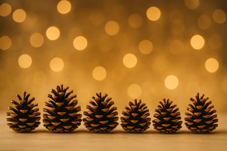 A series of pine cones against a warm bokeh background, ideal for holiday decorの素材