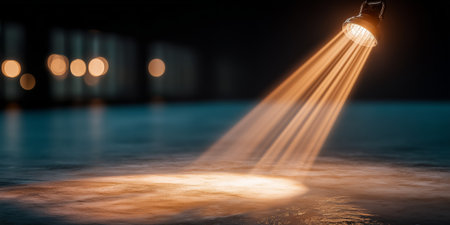 A spotlight shines down on a textured surface, creating dramatic light rays and bokeh effectsの素材