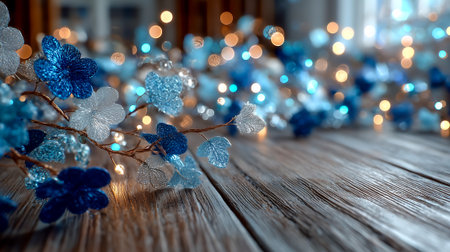A beautifully arranged display of blue and silver flowers with warm lights on a wooden surfaceの素材