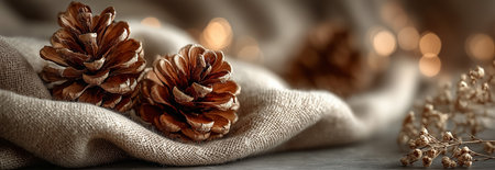A close-up of pine cones resting on textured fabric with a soft bokeh backgroundの素材