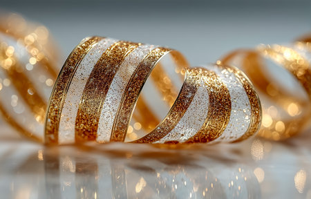 A close-up of a shimmering gold and white decorative ribbon coiled beautifully with sparkling reflectionsの素材