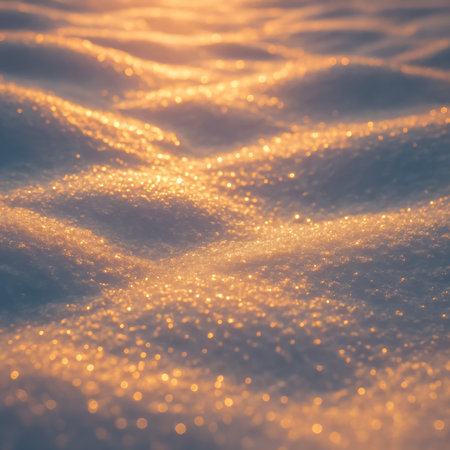 A close-up view of sparkling snow illuminated by golden sunlight during sunsetの素材