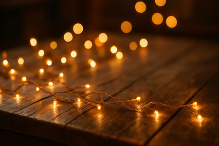 A cozy arrangement of warm string lights glowing softly on a wooden tableの素材