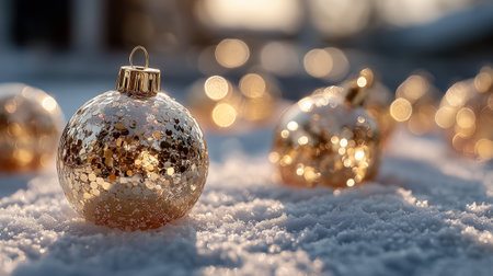 Gorgeous golden christmas ornaments resting on snow with beautiful bokeh light effectsの素材