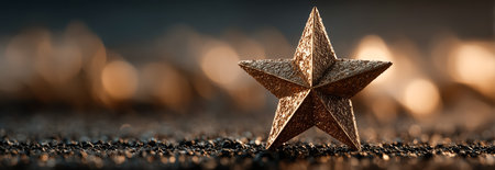 A golden decorative star stands prominently against a softly blurred background, creating a festive ambianceの素材