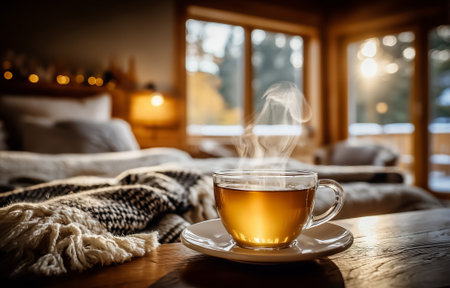 A cozy cup of steaming tea placed on a rustic table in a warm bedroom environmentの素材