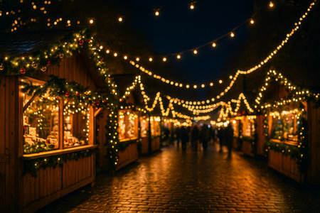 A beautifully lit Christmas market showcasing stalls adorned with festive decorations and lightsの素材