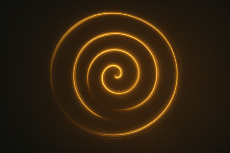 A swirling golden spiral light pattern against a deep dark background creating an abstract effectの素材