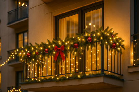 A festive balcony adorned with evergreen garlands, lights, and red ornaments for Christmasの素材