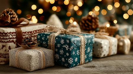 A collection of beautifully wrapped christmas gifts on a wooden surface with warm lights in backgroundの素材