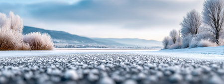 A tranquil winter scene showing frost-covered trees and a shimmering frozen riverの素材