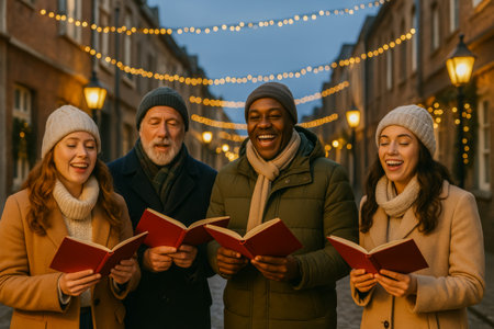 A diverse group singing carols together on a charming winter evening under fairy lightsの素材
