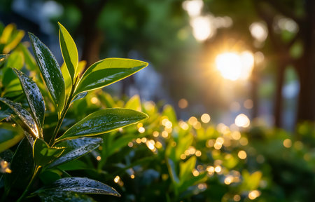 Green leaves with water droplets glisten in sunlight against a beautiful bokeh backgroundの素材