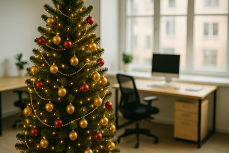 A beautifully decorated Christmas tree with lights and ornaments in a cozy office settingの素材