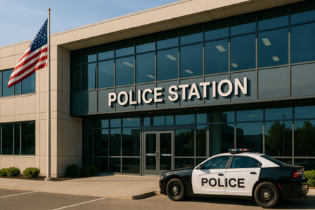 A police station building featuring a patrol car parked outside and an american flagの素材