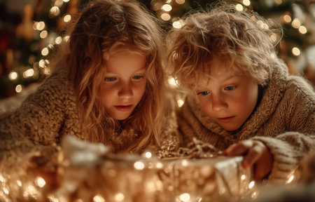 Two children curiously exploring Christmas gifts, surrounded by warm lights and holiday cheerの素材