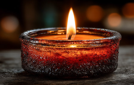 A close-up shot of a lit candle in a beautiful glass holder with condensationの素材