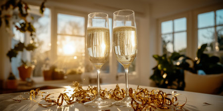Two elegant champagne glasses sparkling in warm sunlight surrounded by festive decorations on a tableの素材