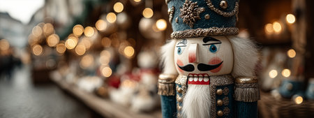 A vibrant nutcracker figurine stands out against blurred festive bokeh lightsの素材