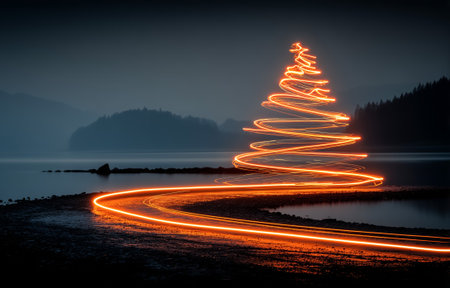 An artistic display of light trails resembling a christmas tree near a serene lake at duskの素材