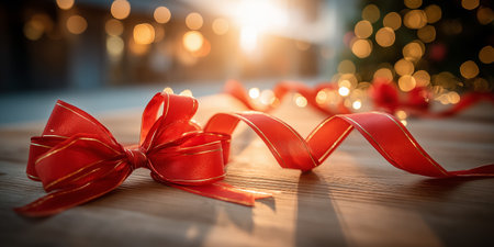A vibrant red ribbon bow with a decorative ribbon on a wooden surfaceの素材