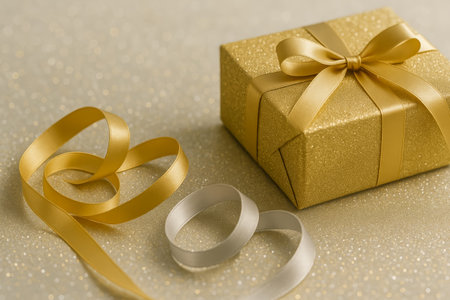 A golden gift box with ribbons placed on a shimmering golden surfaceの素材