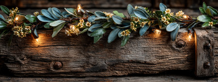 A decorative garland featuring leaves and flowers with lights on a textured wood surfaceの素材