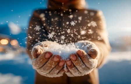 A person gently holds snowflakes in their hands against a snowy winter landscapeの素材