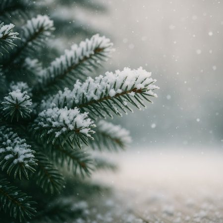 A close-up of pine branches adorned with snowflakes in a serene winter landscapeの素材
