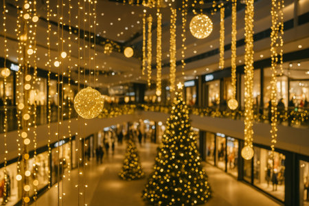 A beautifully decorated shopping mall featuring golden lights and christmas trees for the holiday seasonの素材